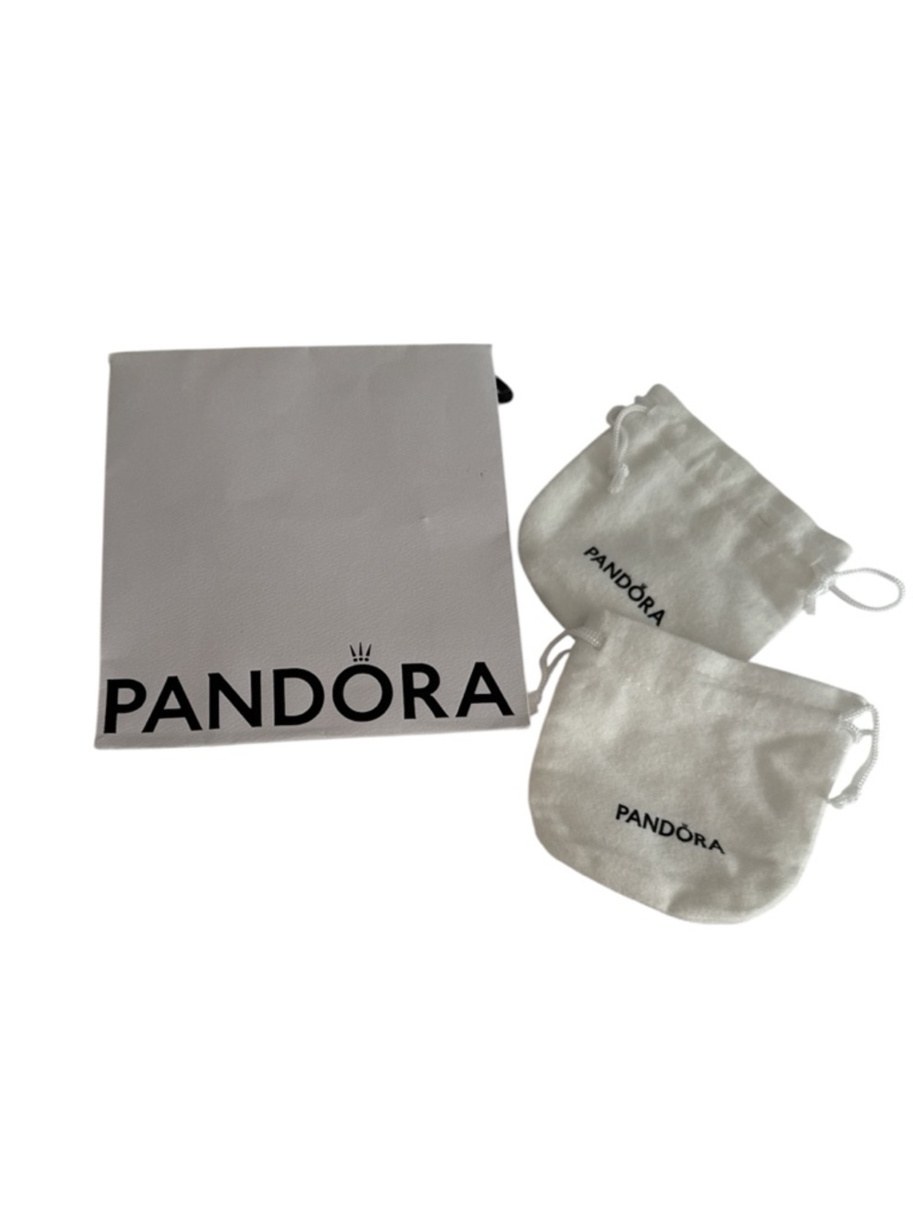 Pandora White Gift Bag with Two White Velvet Drawstring Pouches EUC